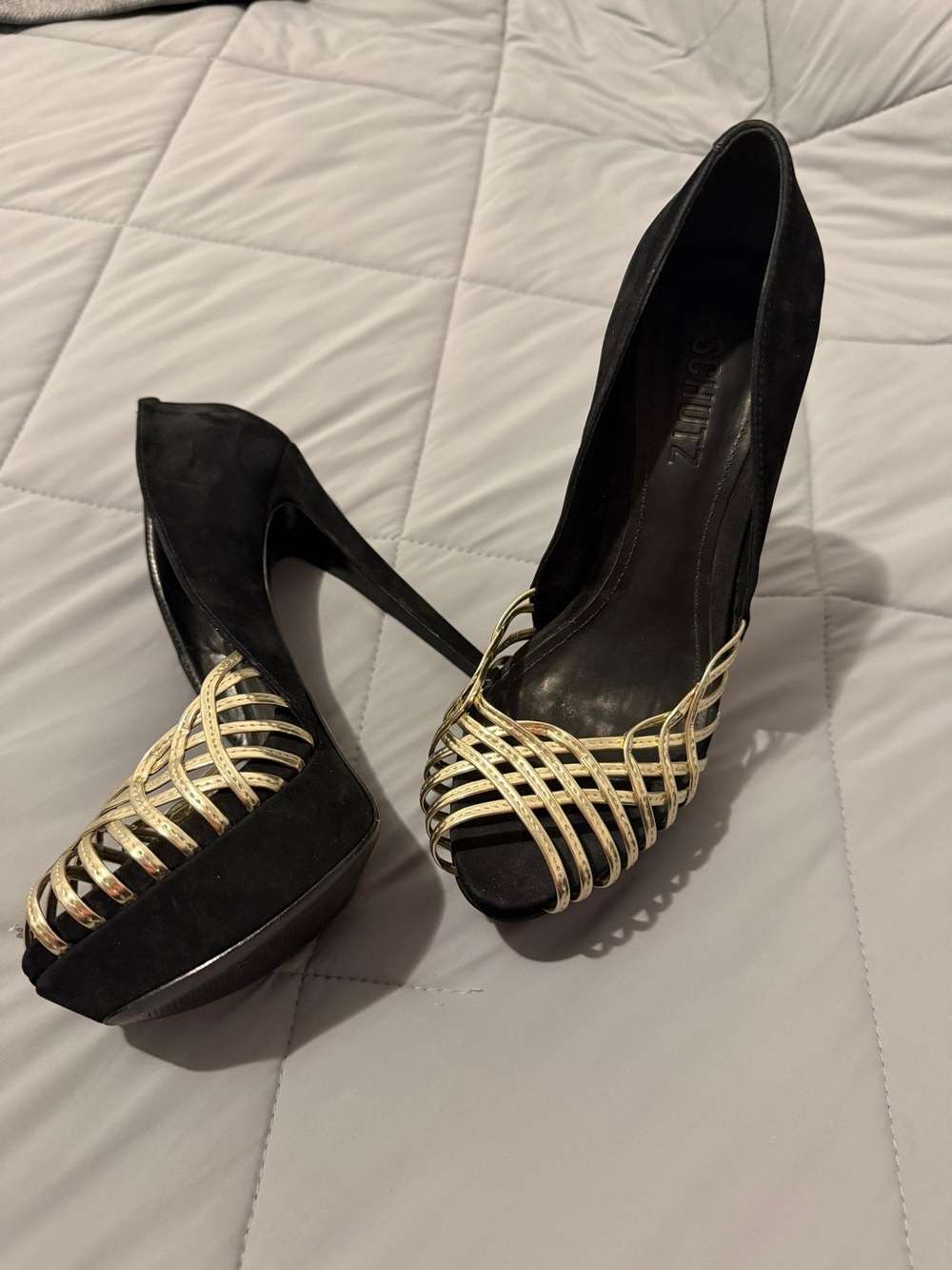 SCHUTZ Black Suede Peep-Toe Pumps with Gold Basket Weave Straps